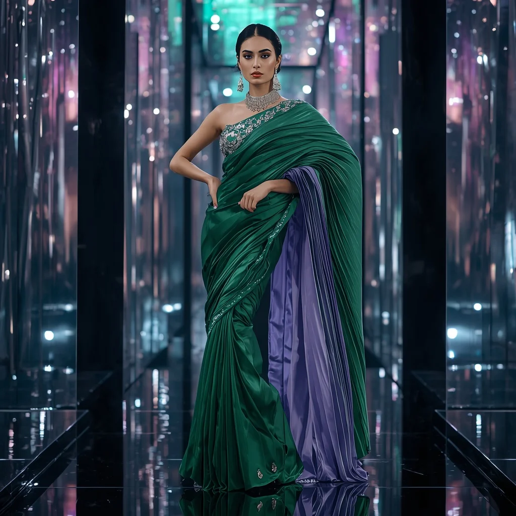 Emerald Neon Velocity Saree with Floating Geometry Reflection Galaxy Infinity Corridor | Girls Trending Prompt Gemini Instagram