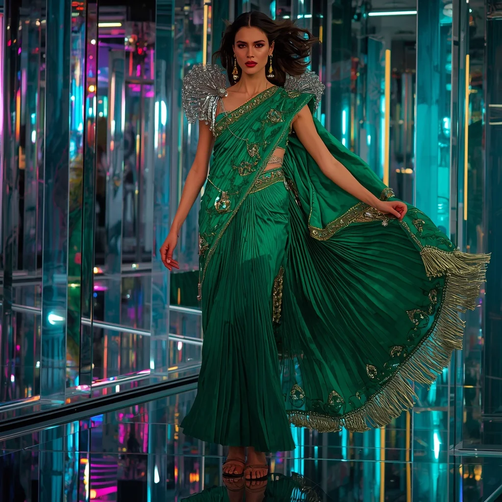 Emerald Nova Crystal Saree with Floating Prism Reflection Observatory | Gemini Prompt