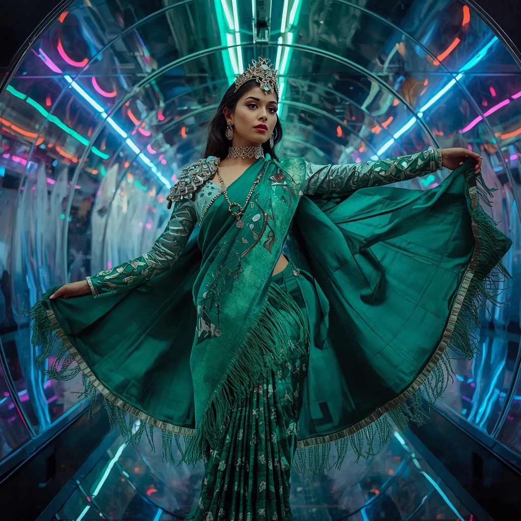 Emerald Nova Empress Saree with Quantum Crystal Reflection Corridor | Woman Pose Ai Prompt