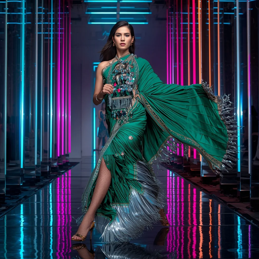 Emerald Nova Fantasy Saree with Floating Prism Atrium | South Indian Bride Ai Prompt