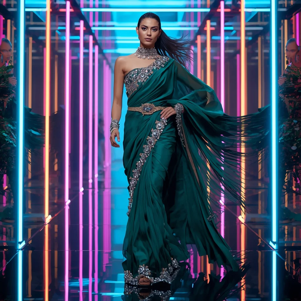 Emerald Nova Fantasy Saree with Floating Prism Reflection Hall | New Instagram Trend Prompt For Girl