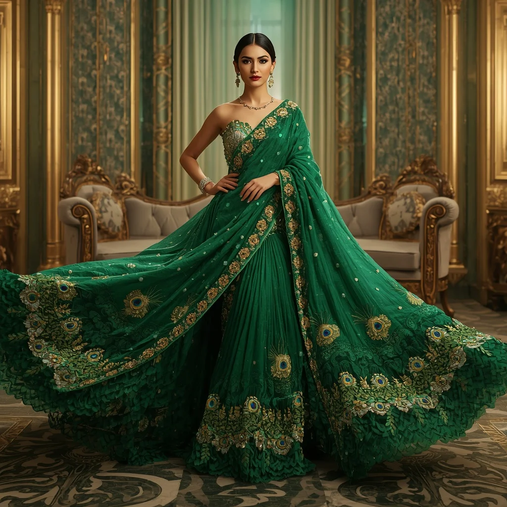 Emerald Peacock Aurora Saree with Golden River Thrones and Royal Garden Dynasty | Romantic Ai Prompt