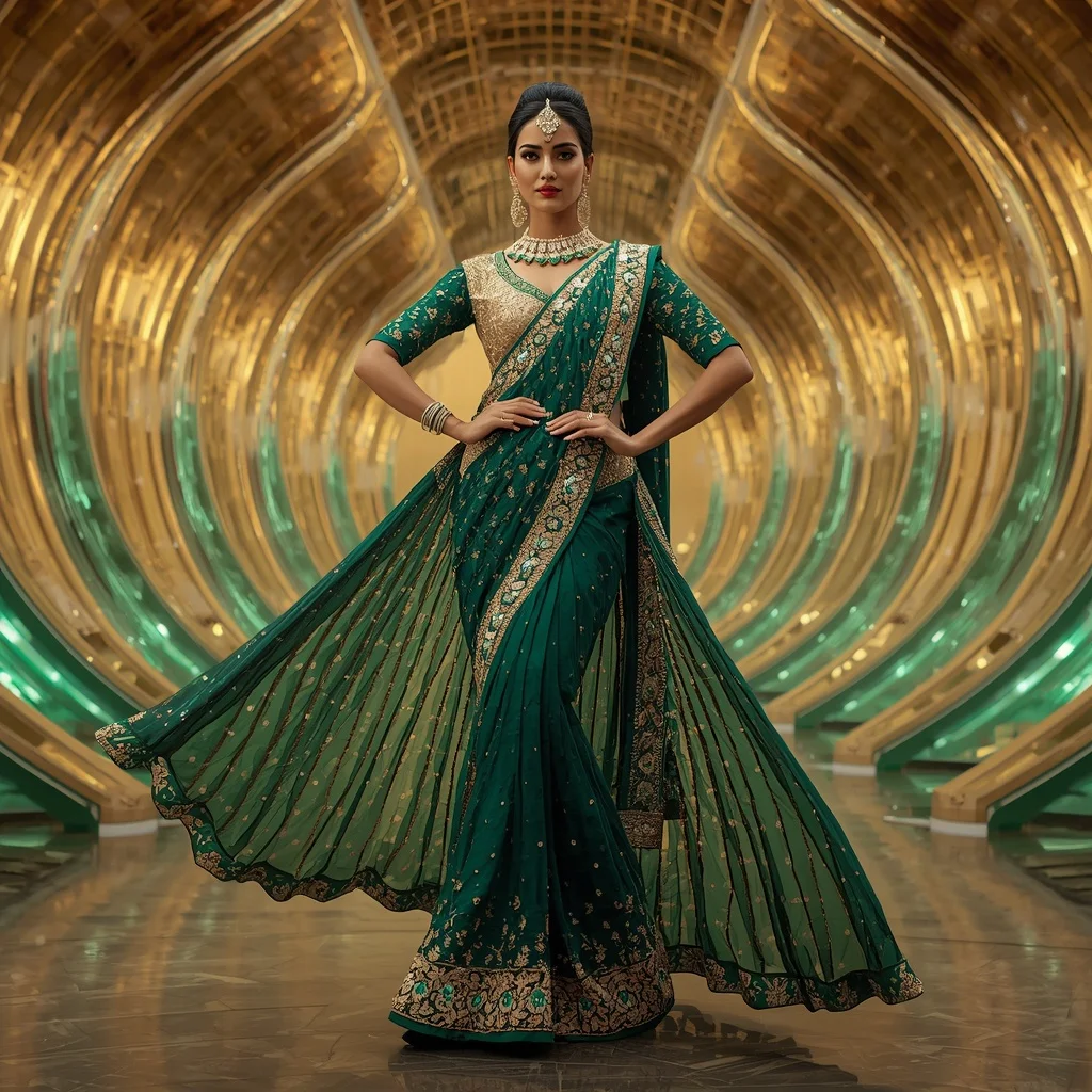 Emerald Peacock Palace Saree with Golden Crown Infinity Empire | Easy Ai Prompt