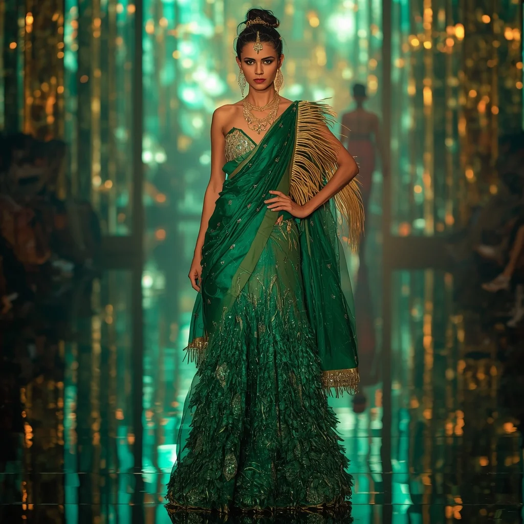 Emerald Phoenix Crystal Saree with Prism Reflection Arena | Creative Ai Prompt