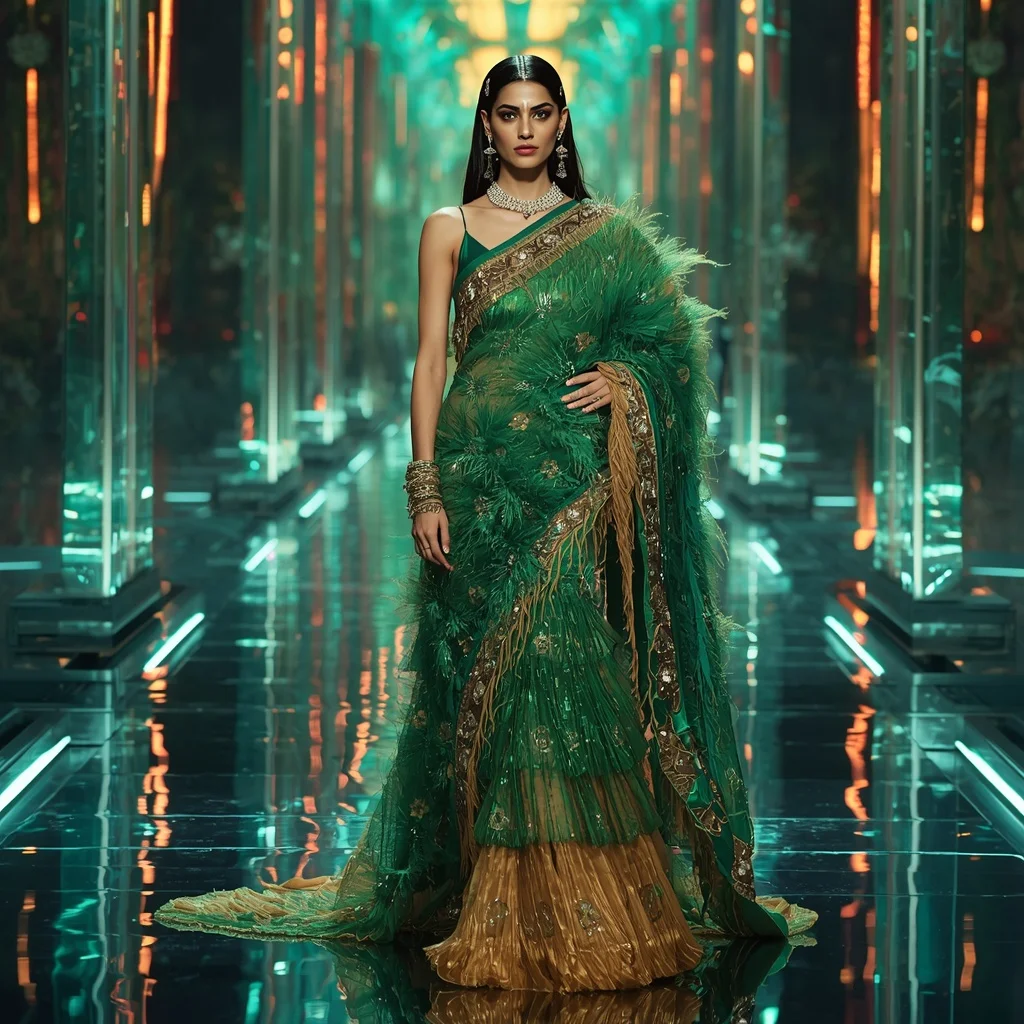 Emerald Phoenix Crystal Saree with Prism Reflection Citadel | Instagram Model Ai Prompt