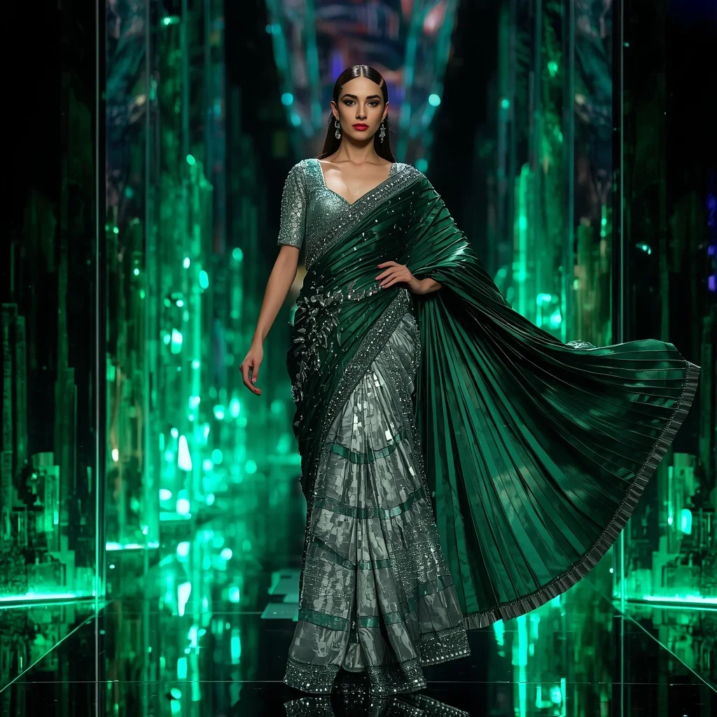 Emerald Quantum Aurora Saree with Curved Prism Skyline Dimensions | Editing Prompt Girl
