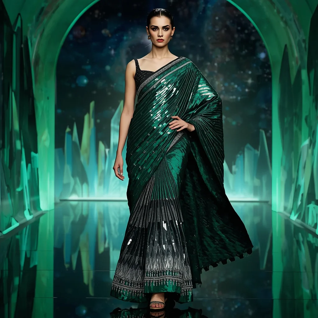 Emerald Quantum Eclipse Saree with Curved Prism Skyline Universes | Attitude Girl Prompt