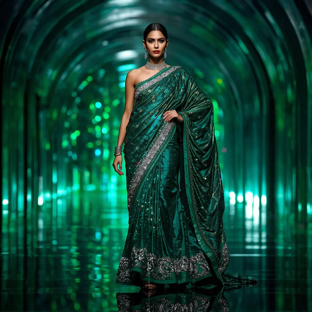 Emerald Quantum Mirage Saree with Curved Prism Skyline Corridors | Instagram Viral Photo Ai Prompt