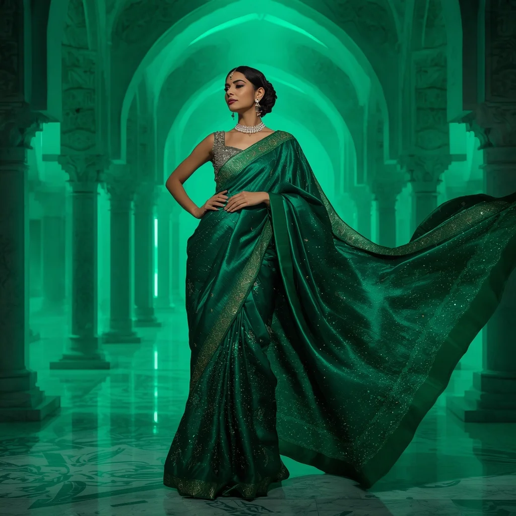 Emerald Rain Nebula Forge Drift Saree – Royal Luxury Saree with Graceful Flow Pose and Nebula Forge Palace Background | Prompt For Traditional Look For Couple