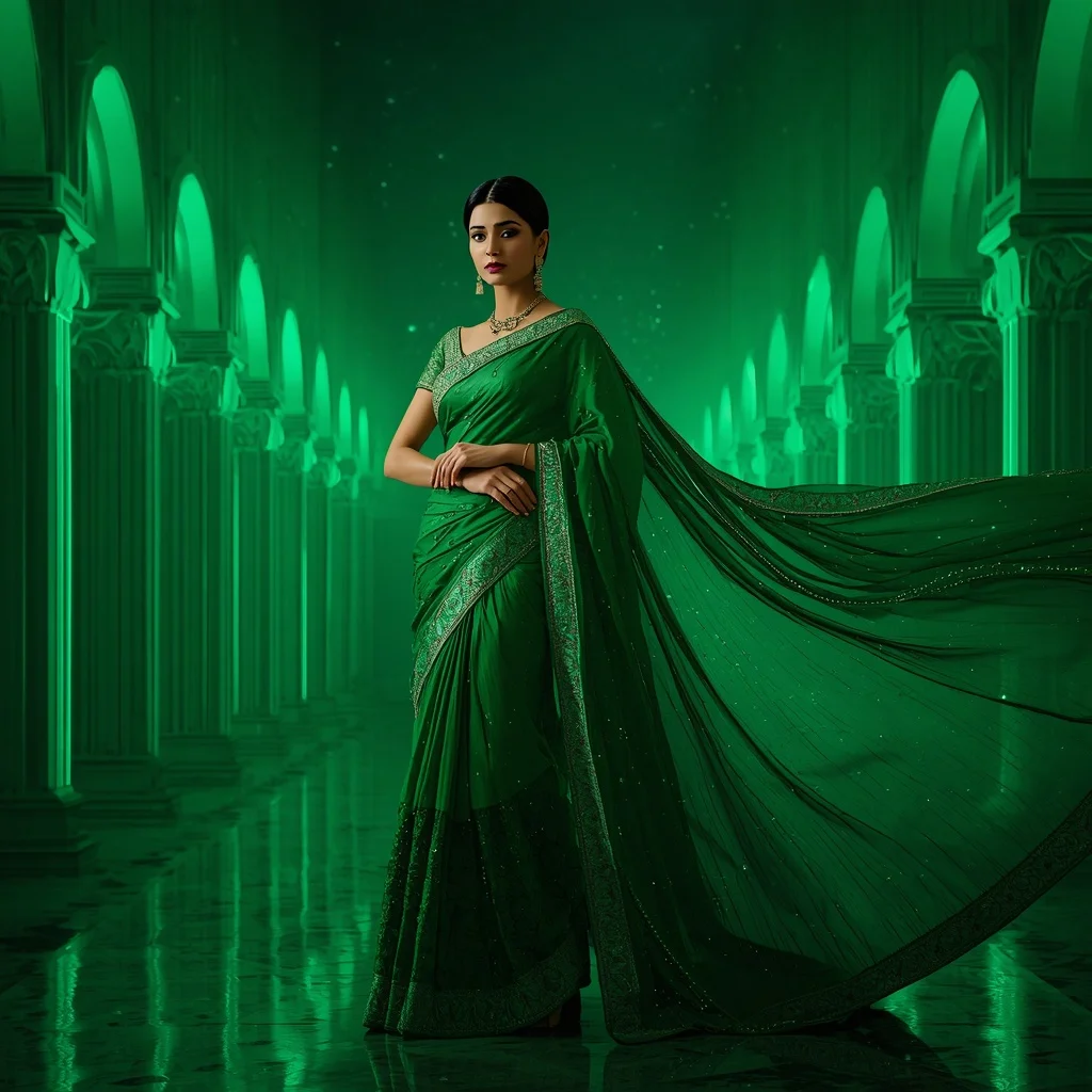 Emerald Rain Nebula Starforge Drift Saree – Royal Luxury Saree with Graceful Flow Pose and Starforge Nebula Drift Palace Background | Cinematic Ai Prompt