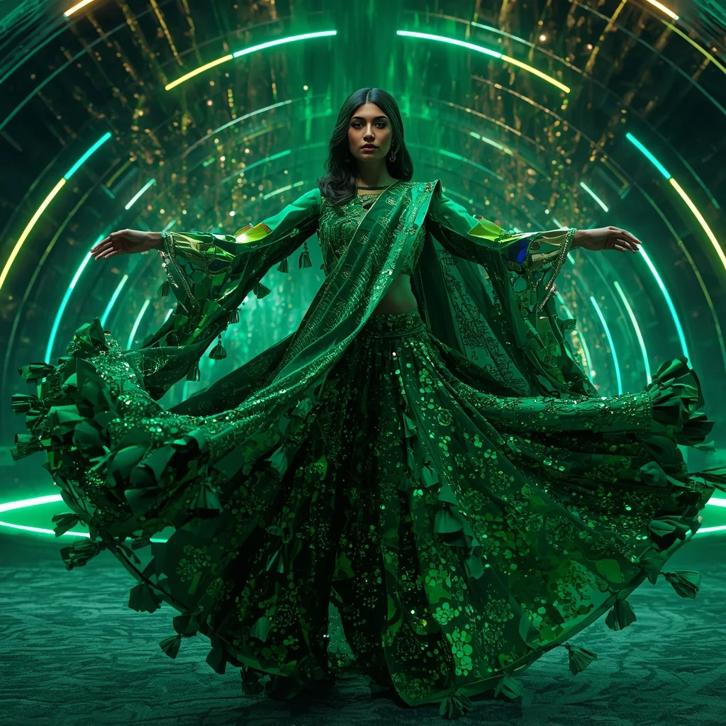 Emerald Supernova Rift Armor Saree with Neon Collapse Energy Cathedral Singularity Dome | Girl Prompt