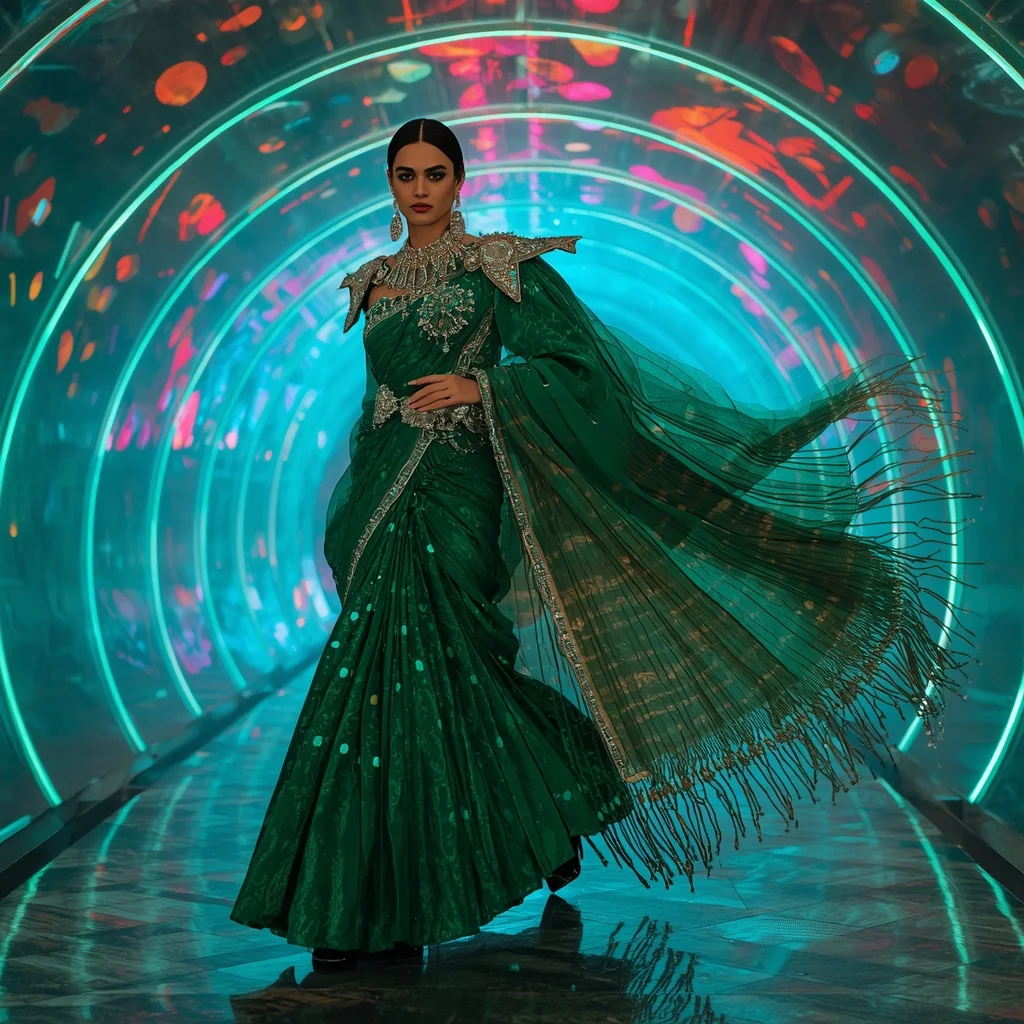 Emerald Thunder Crystal Saree with Curved Plasma Infinity Dome | ChatGPT Photo Editing Prompts Trending Instagram For Girl