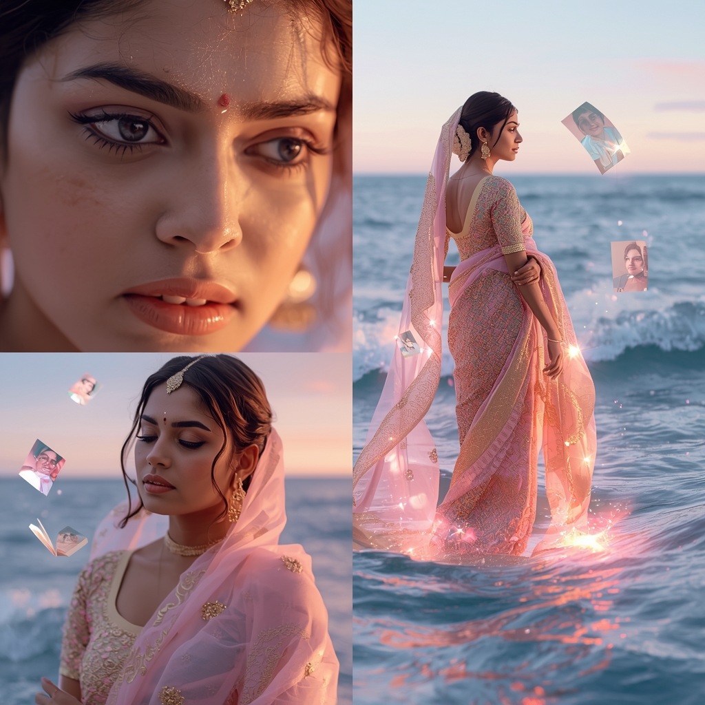 Emotional Futuristic Magical Pastel Saree Image Prompt for Women with Digital Ocean of Dreams | Indian Girl Saree Ai Prompt 4k Realistic