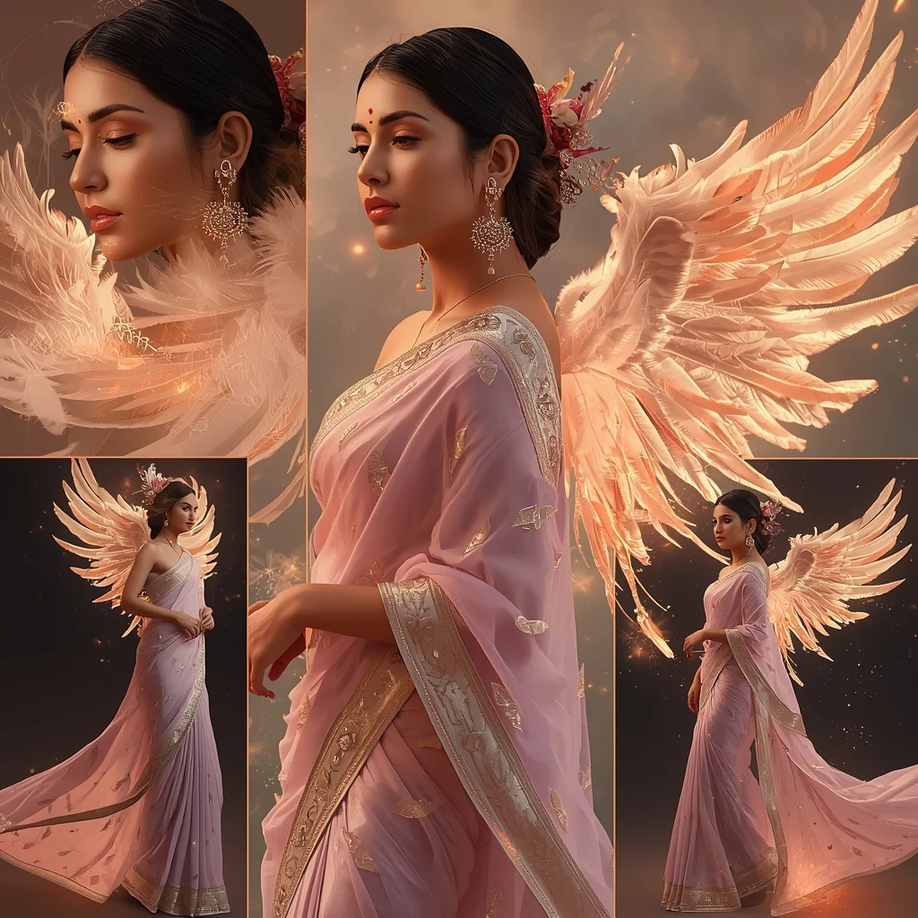 Enchanted Luxury Pastel Saree Image Prompt for Women with Phoenix Feather Glow and Mythical Glam | Saree Selfie Ai Prompt