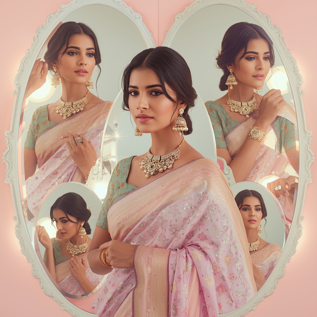 Enchanted Pastel Saree Image Prompt for Women with Mirror Reflection Magic and Glam Look | Desi Saree Ai Prompt