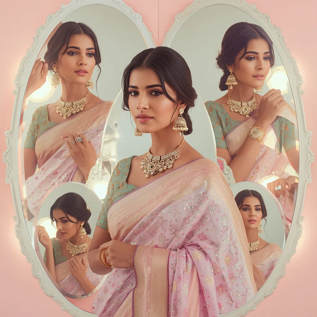 Enchanted Pastel Saree Image Prompt for Women with Mirror Reflection Magic and Glam Look | Desi Saree Ai Prompt