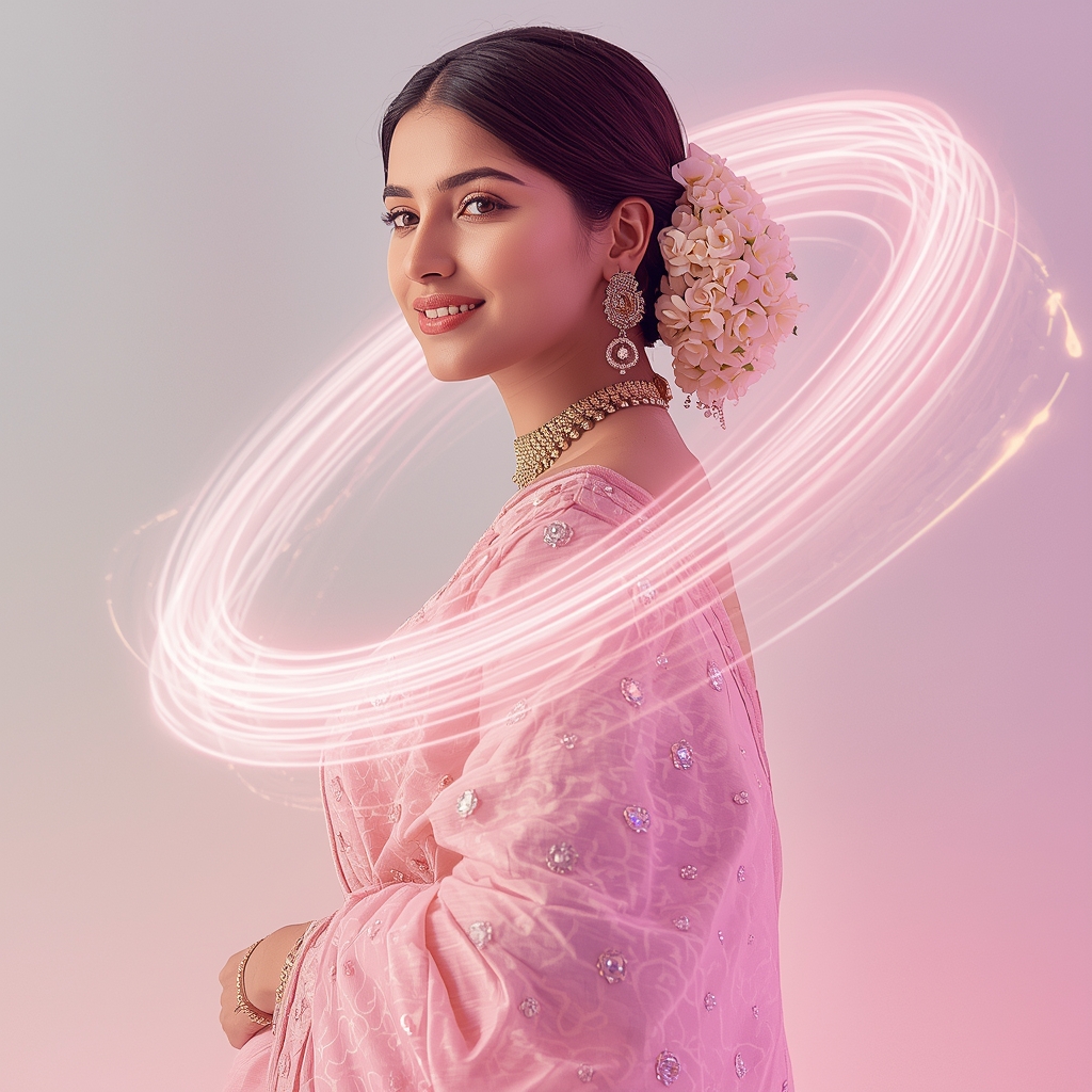 Eternal Pulse Halo Wave Pastel Saree Indian Woman Premium Composition | Saree Look Ai Prompt