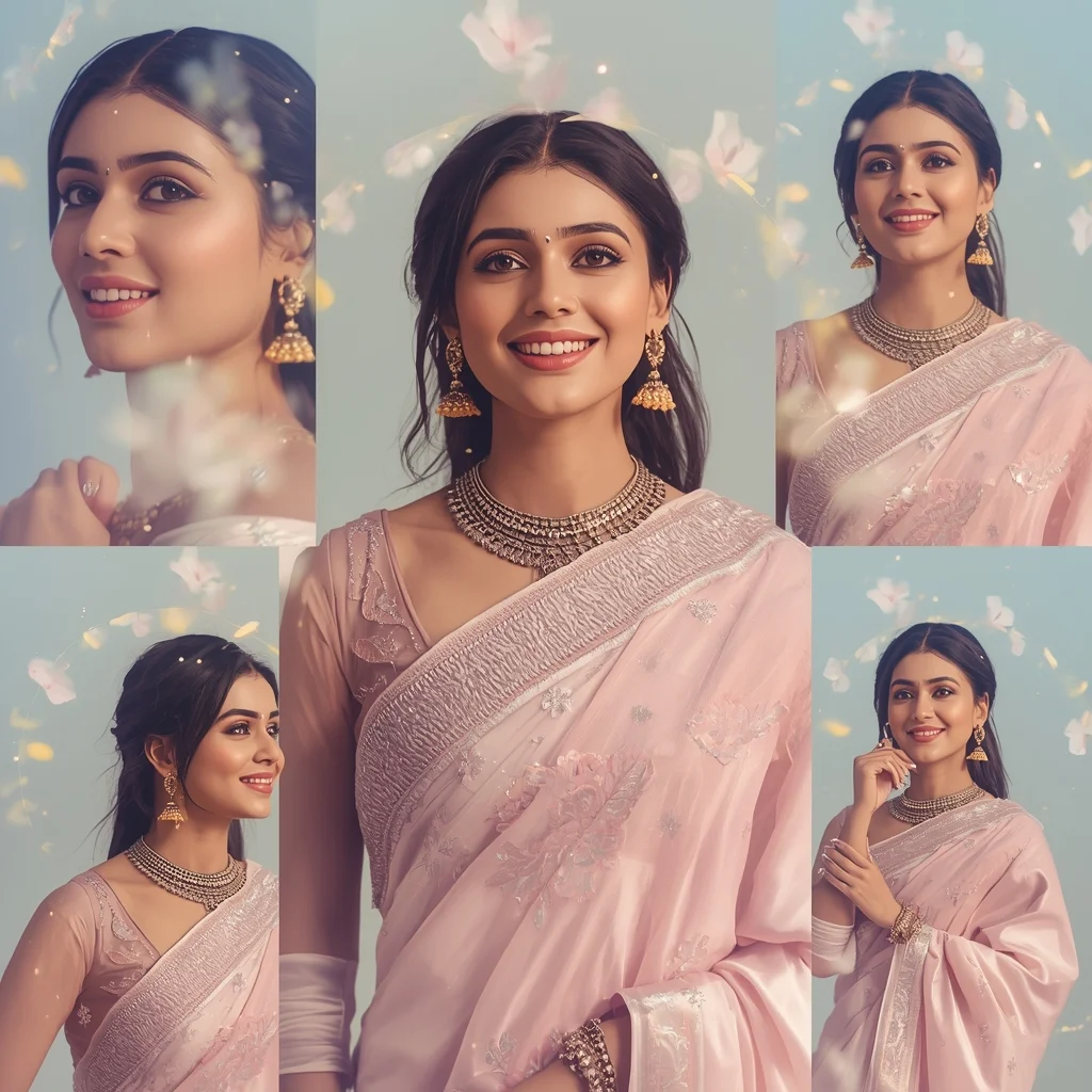 Ethereal Blossom Orbit Pastel Saree Indian Woman Luxury Collage | Prompt For Girls College Ai Photo Editing