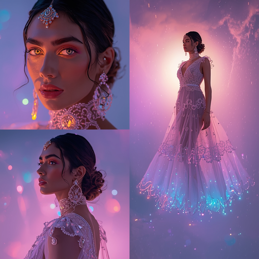 Ethereal Glow Space And Hyper Real Light Effect Resham Sheer Dress | Prompt Ai