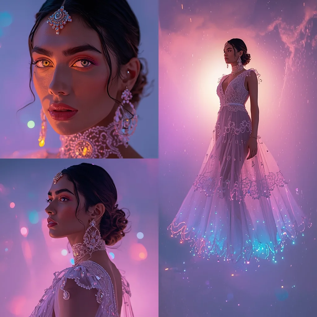 Ethereal Glow Space And Hyper Real Light Effect Resham Sheer Dress | Prompt Ai