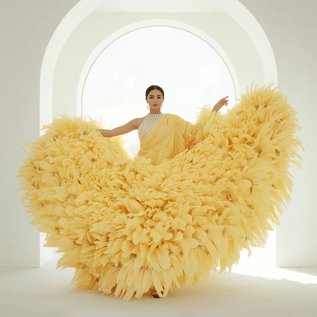 Extravagant Ostrich Feather & Rhinestone Lemon Saree | Playful Twirl Pose | Travel Ai Prompt