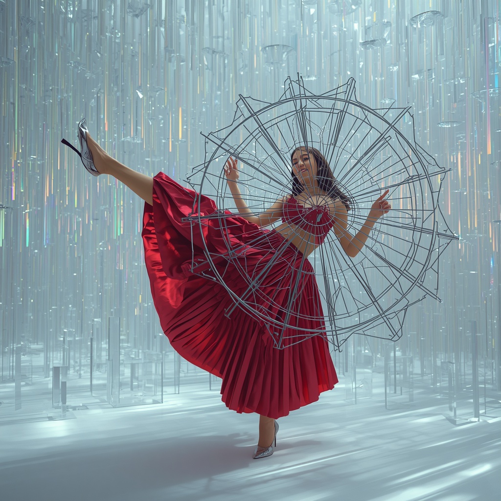 Extreme Crystal Cage & Liquid Satin Fancy Saree | High-Kicking Fabric Shatter Pose | 3D Holographic Data Streams | Stable Diffusion Prompt