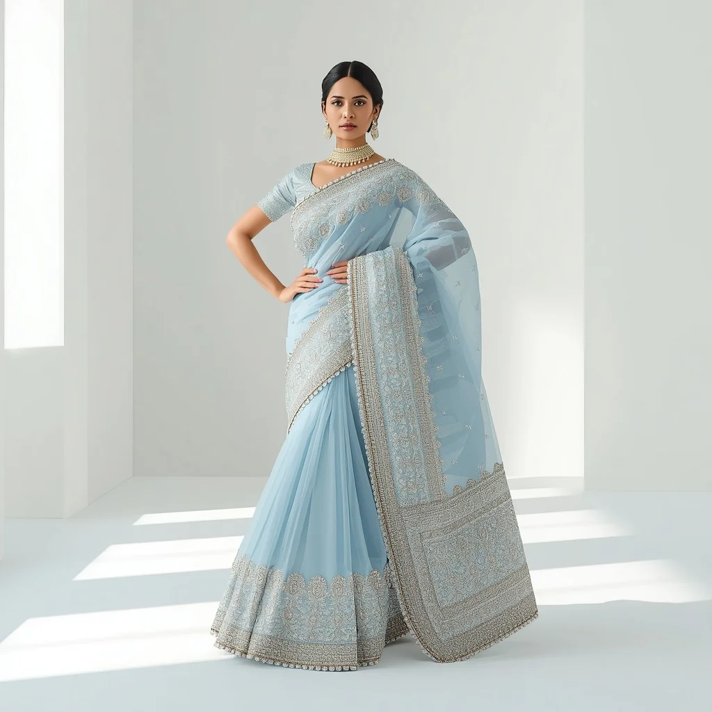 Extreme Cutwork & Heavy Silver Thread Powder Blue Saree | Hands on Hips Power Pose | Ai Gemini Photo Prompt
