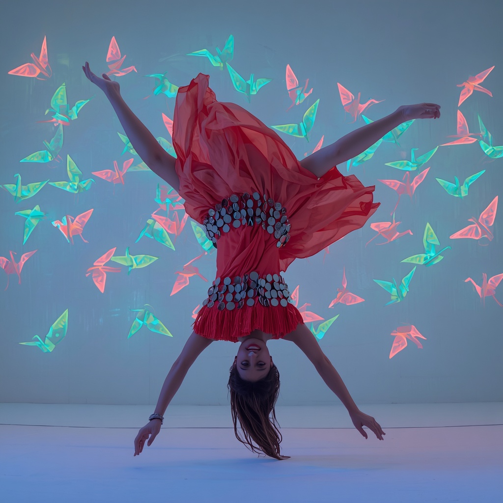 Extreme Mirror Disc & Tasseled Crepe Saree: Neon Coral | The Airborne Backward Somersault Catch Pose | Glowing Neon Origami Cranes | Gemini Ai Saree Prompt
