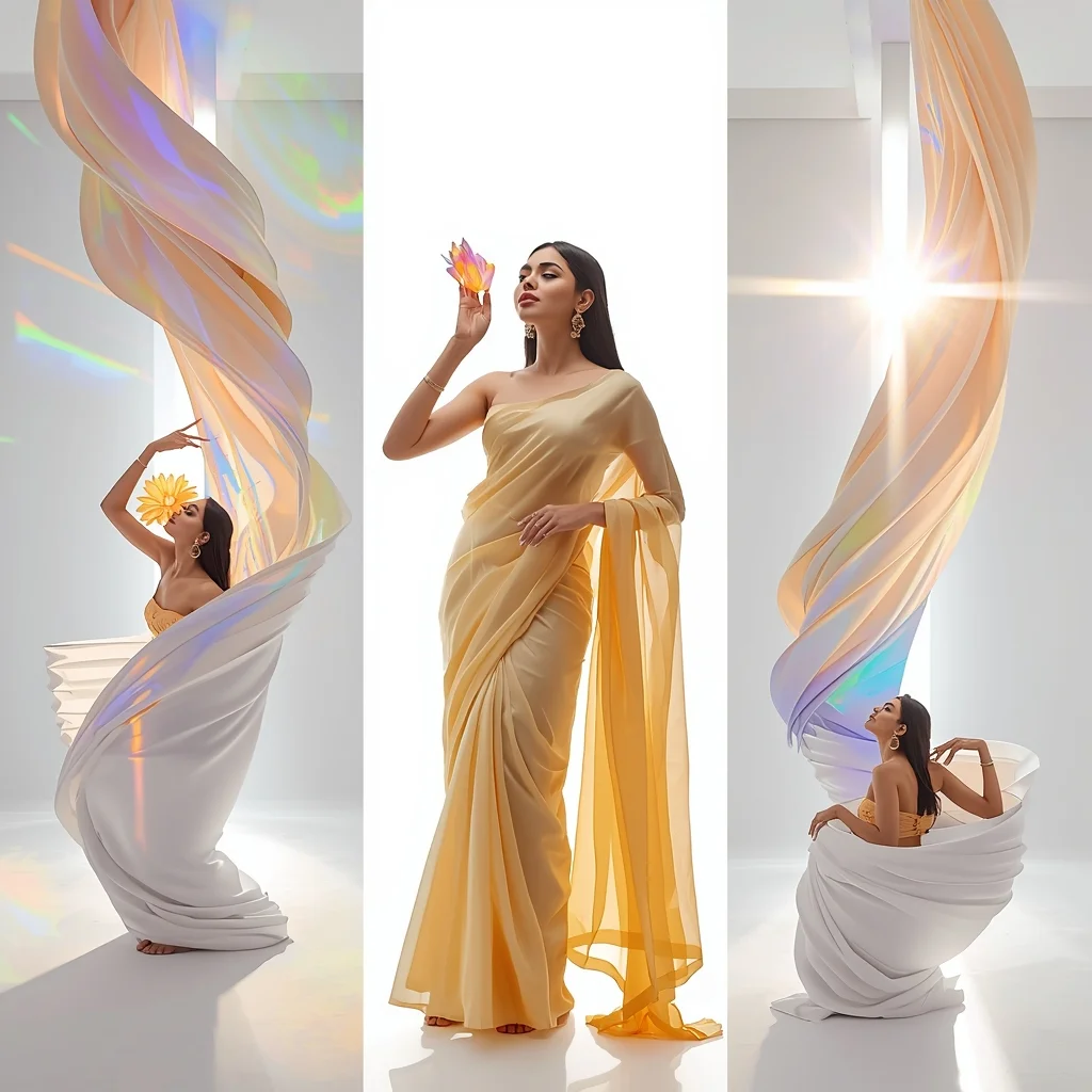 Fancy Festival Saree AR-Projected Cyber-Floral Bloom | Best Ai Prompts For Realistic Photos