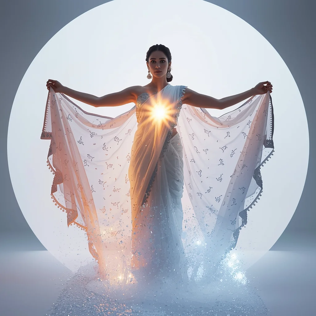 Fancy Festival Saree Bioluminescent Plasma-Core Chiffon | Saree Traditional Ai Prompt Indian Culture