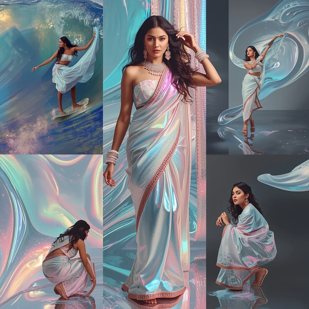 Fancy Festival Saree Fluid-Dynamics Platinum Multiple-Collage | Indian Saree Ai Prompt