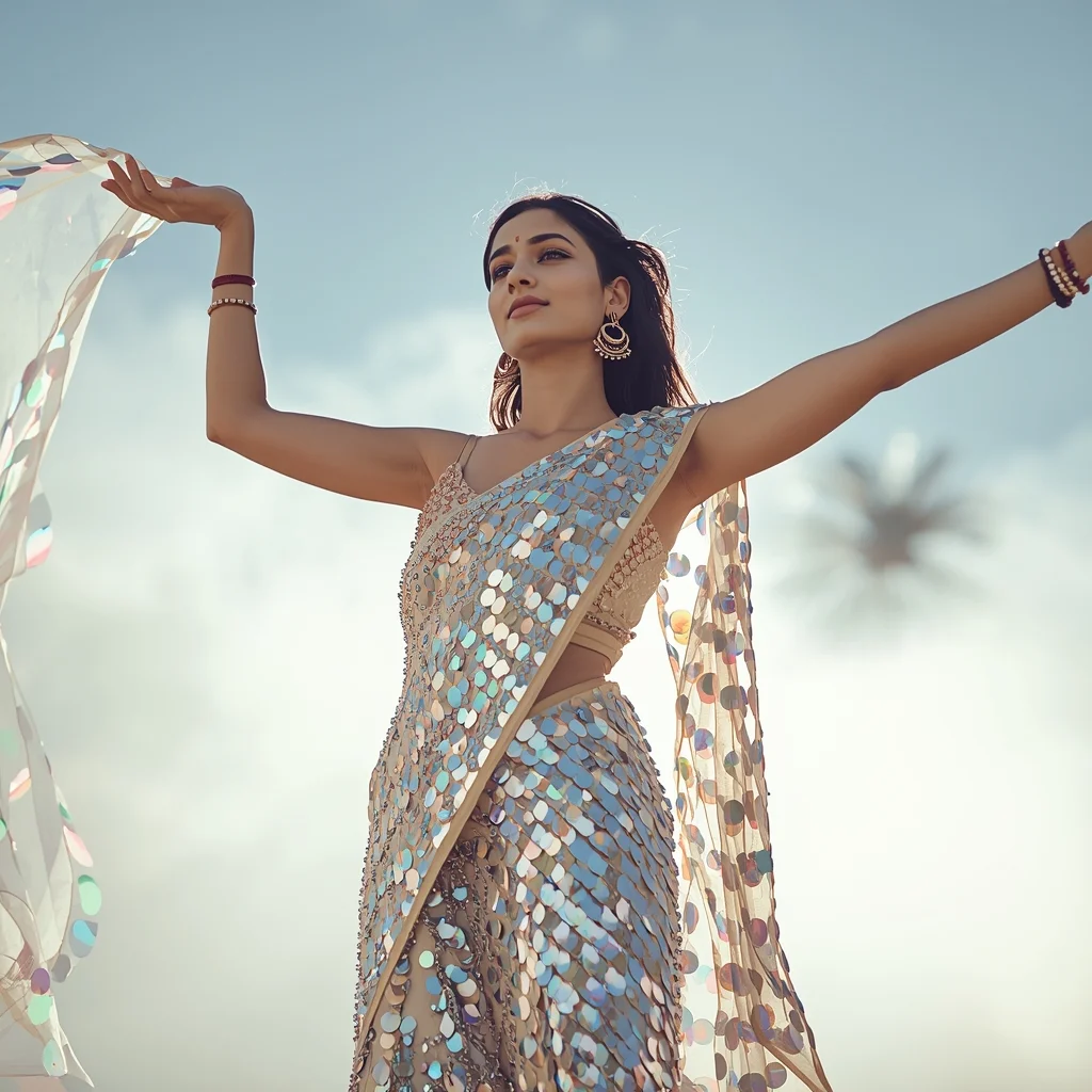 Festival Fancy Saree Optical-Disc Upcycled Micro-Sequins | Saree Girl Ai Prompt
