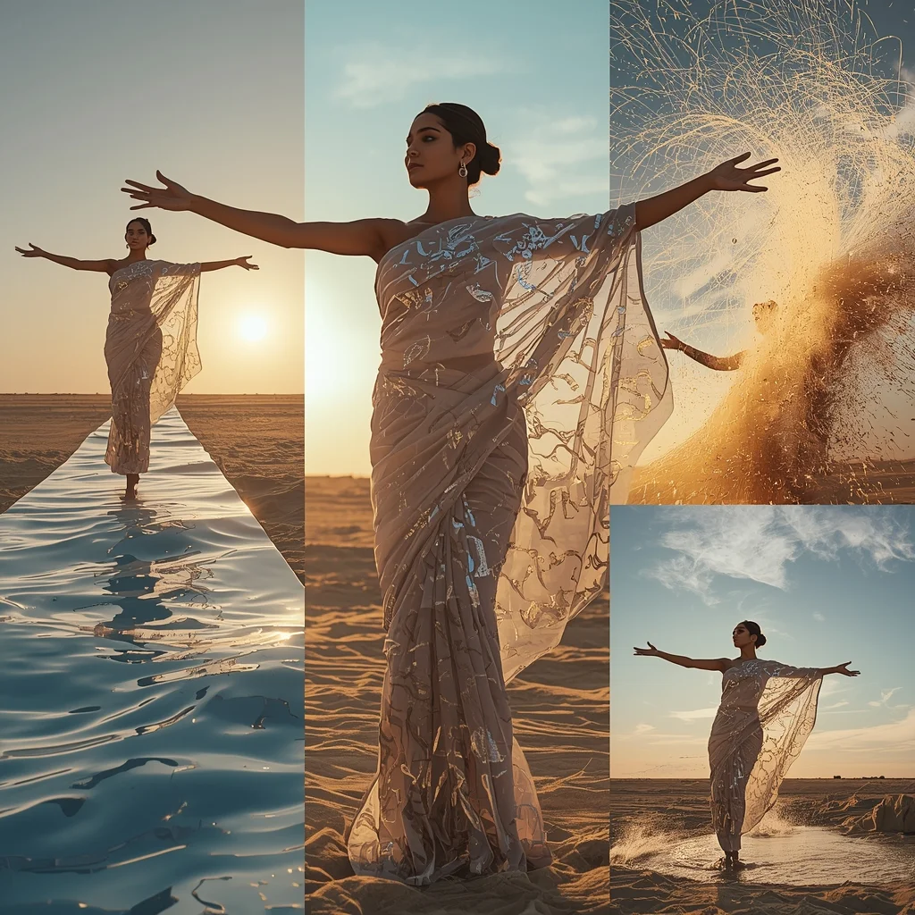 Festival Fancy Saree Thermo-Optic Camouflage Mesh | Saree Pose Ai Prompt For Image Generation