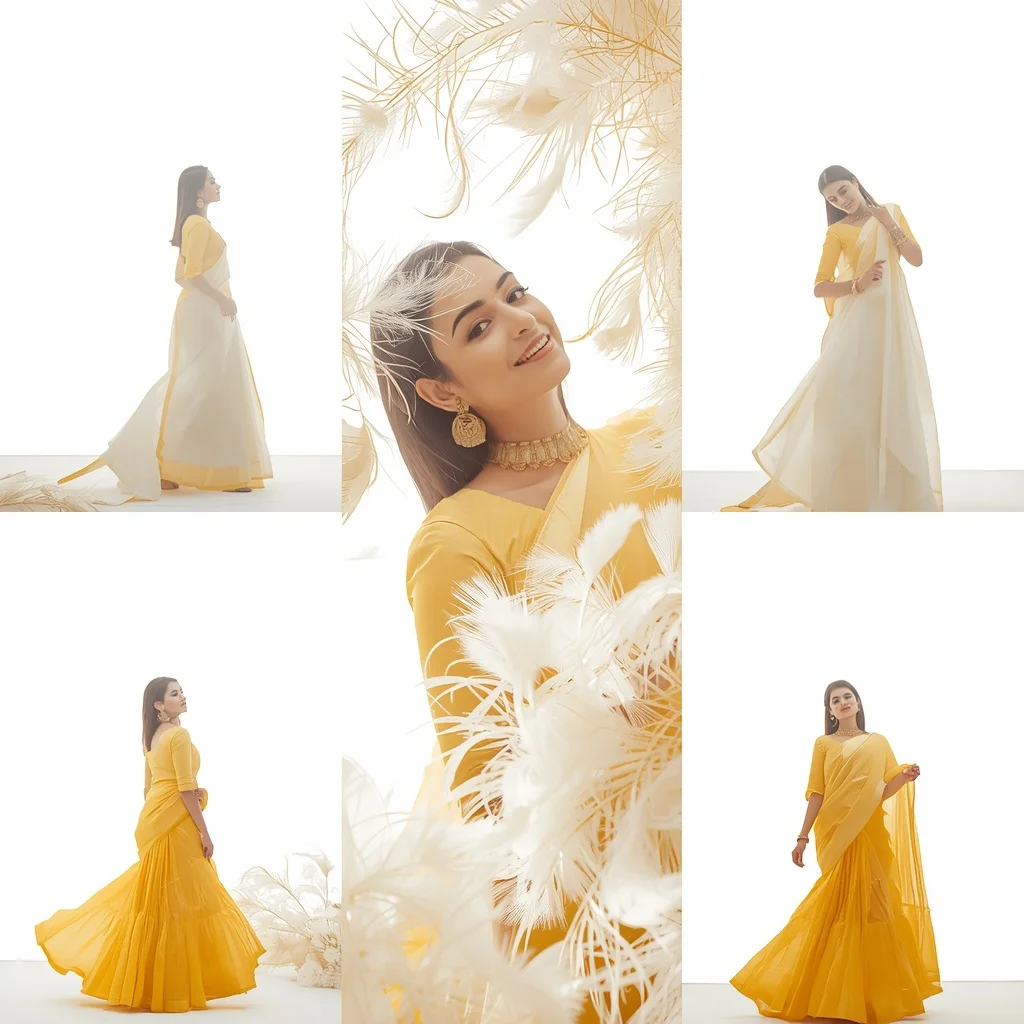 Festive Canary Yellow Saree Sunlit White Peacock Feather Plume | Motivation Ai Prompt