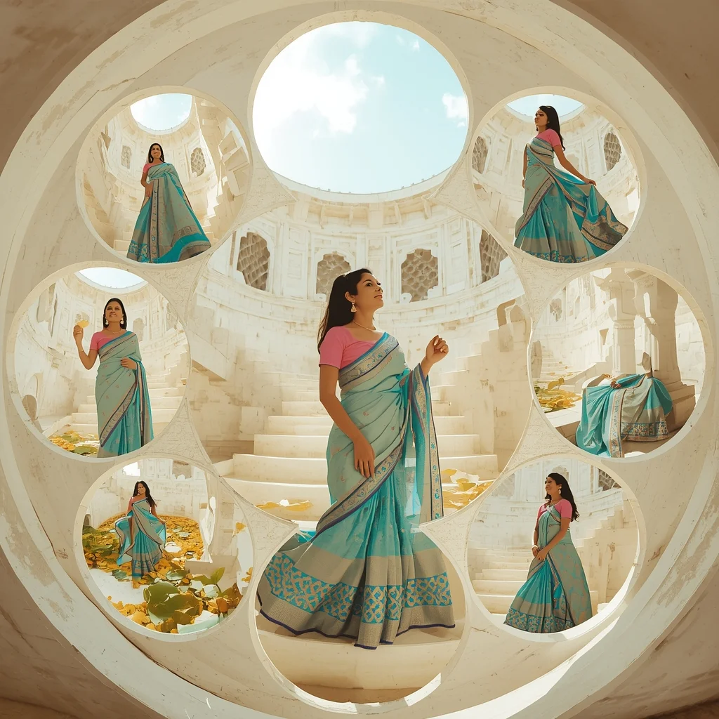 Festive Fancy Saree Glowing Alabaster Stepwell 6-Frame Circular | Saree Prompt For Gemini Ai