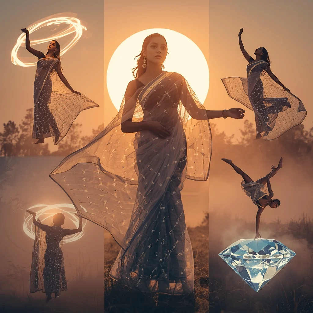 Festive Fancy Saree Holographic Data-Weave Organza | Saree Aesthetic Ai Prompt For Pinterest
