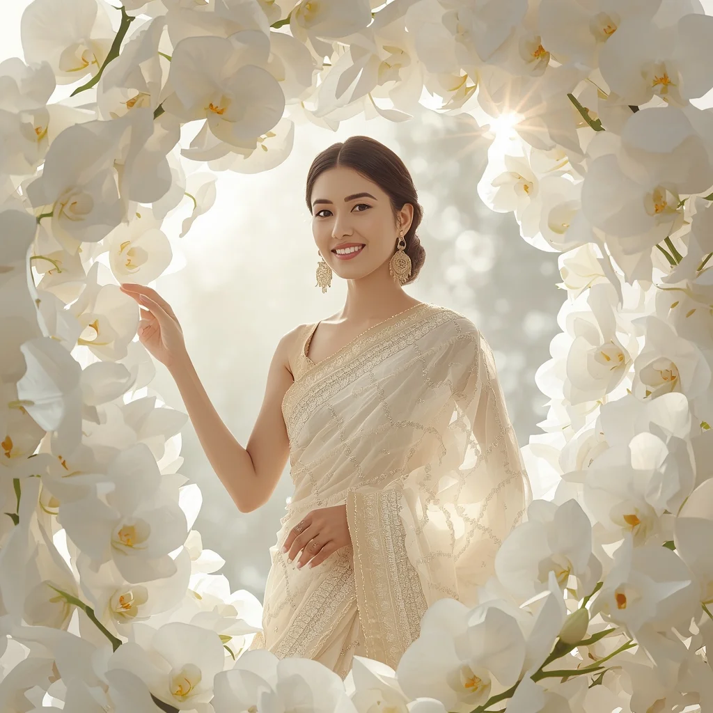 Festive Fancy Saree Luminous White Orchid Luxury Aesthetic | Instagram Trending Prompt Copy And Paste