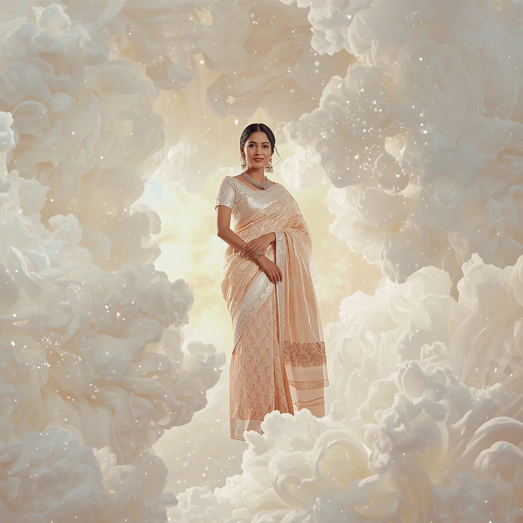 Festive Fancy Saree Mother of Pearl Cloud Luxury Cinematic | Chatgpt Photo Editing Prompts Text