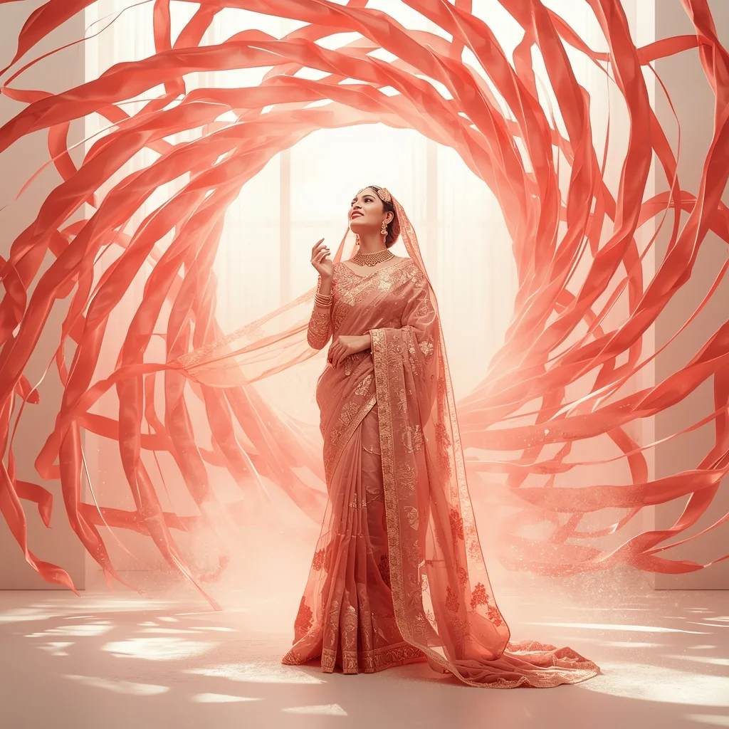 Festive Fancy Saree Soft Coral Silk Ribbon Luxury Cinematic | Instagram Prompt For Girl In Saree Pic
