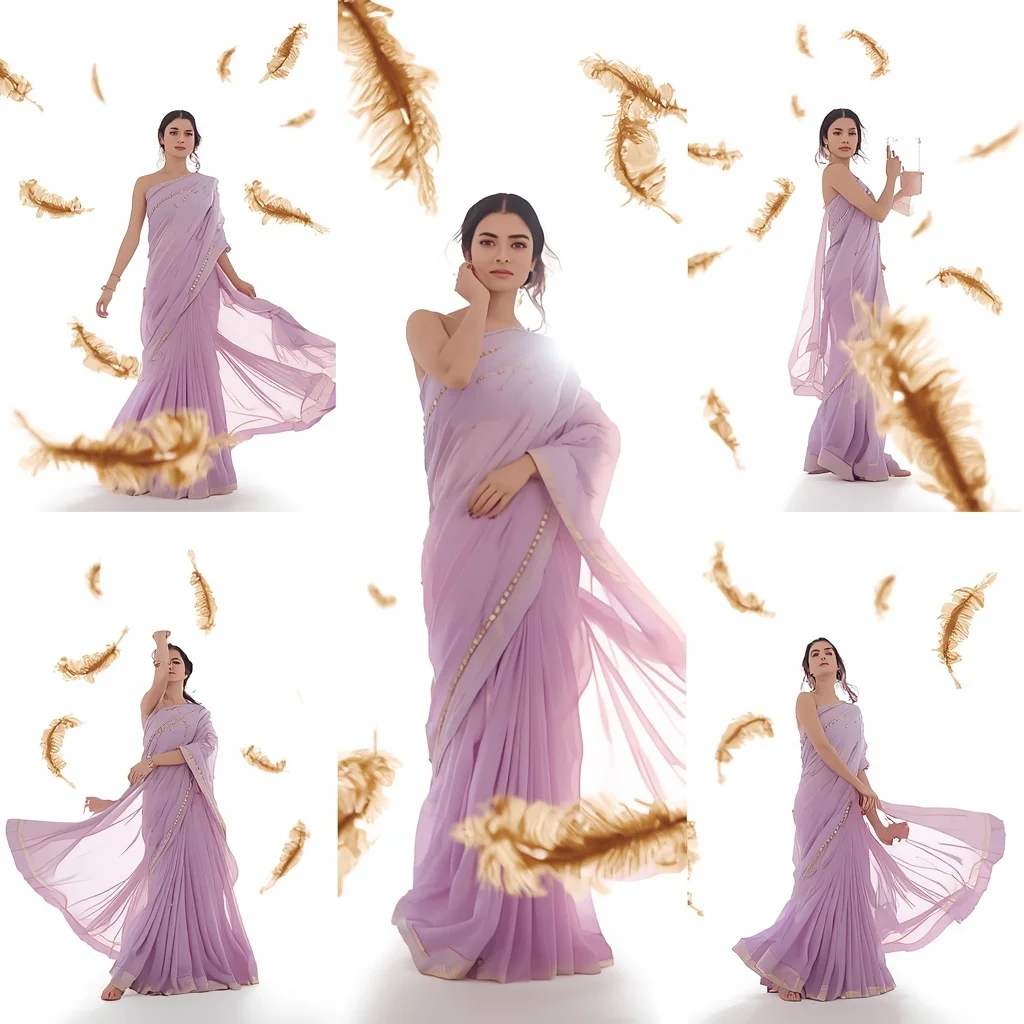 Festive Lavender Mist Saree Floating Gilded Feather Plume | Gemini Photo Prompt