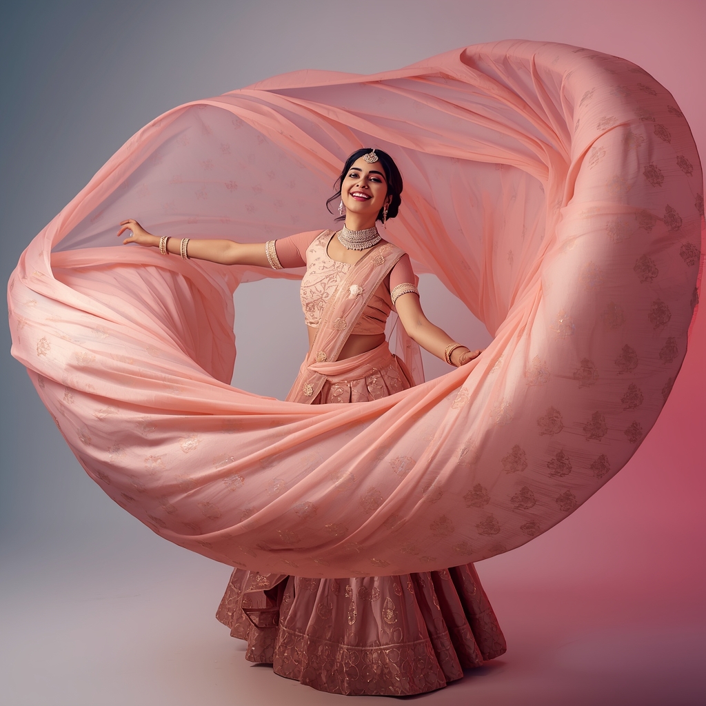 Festive Lehenga Girl Low Sweep Turn Fabric Spiral Pose | Instagram Influencer Ai Prompt
