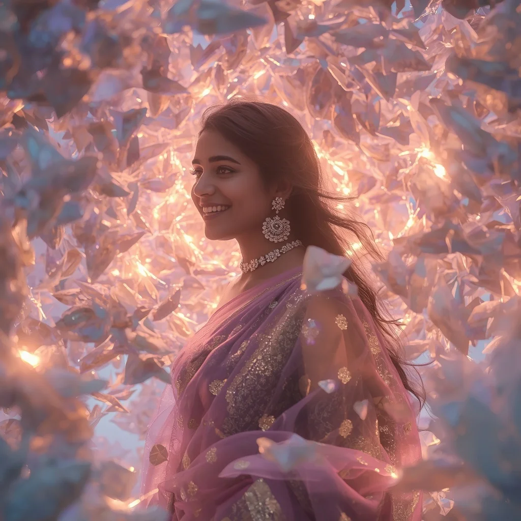 Festive Pastel Saree Acoustic Echo Crystal Formation Collage | Female Model Ai Prompt