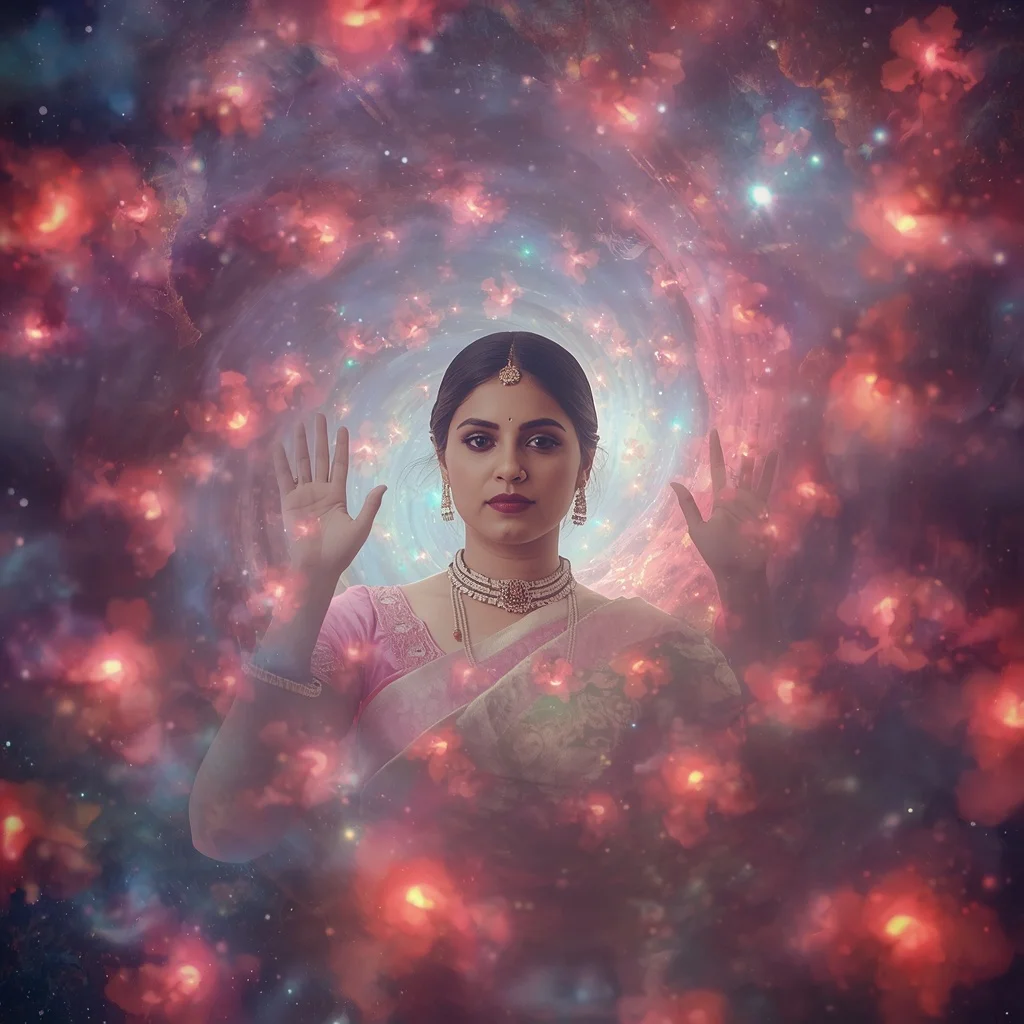 Festive Pastel Saree Aura Spiral Hibiscus Galaxy Collage Cinematic | Woman Pose Ai Prompt