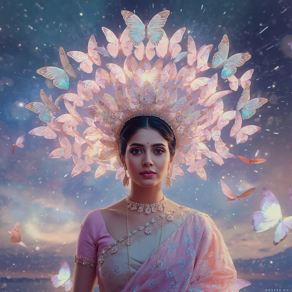 Festive Pastel Saree Aurora Crystal Butterfly Crown Collage Luxury | Desi Girl Ai Prompt
