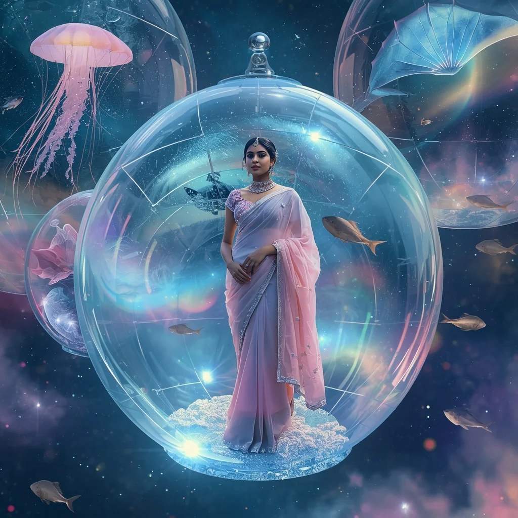 Festive Pastel Saree Aurora Crystal Celestial Aquarium Collage Luxury | Flux Ai Prompt