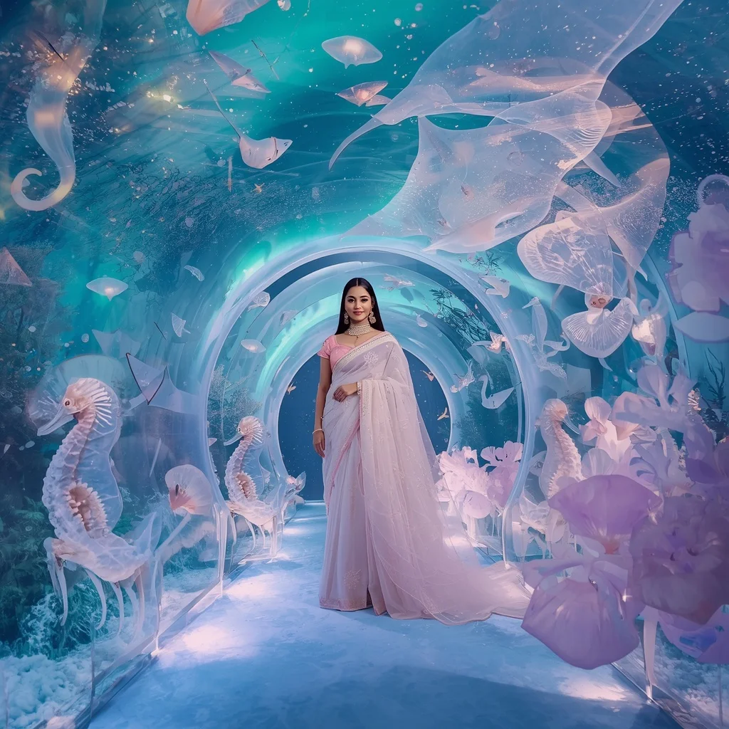Festive Pastel Saree Aurora Crystal Celestial Aquarium Luxury | Ai Portrait Prompt
