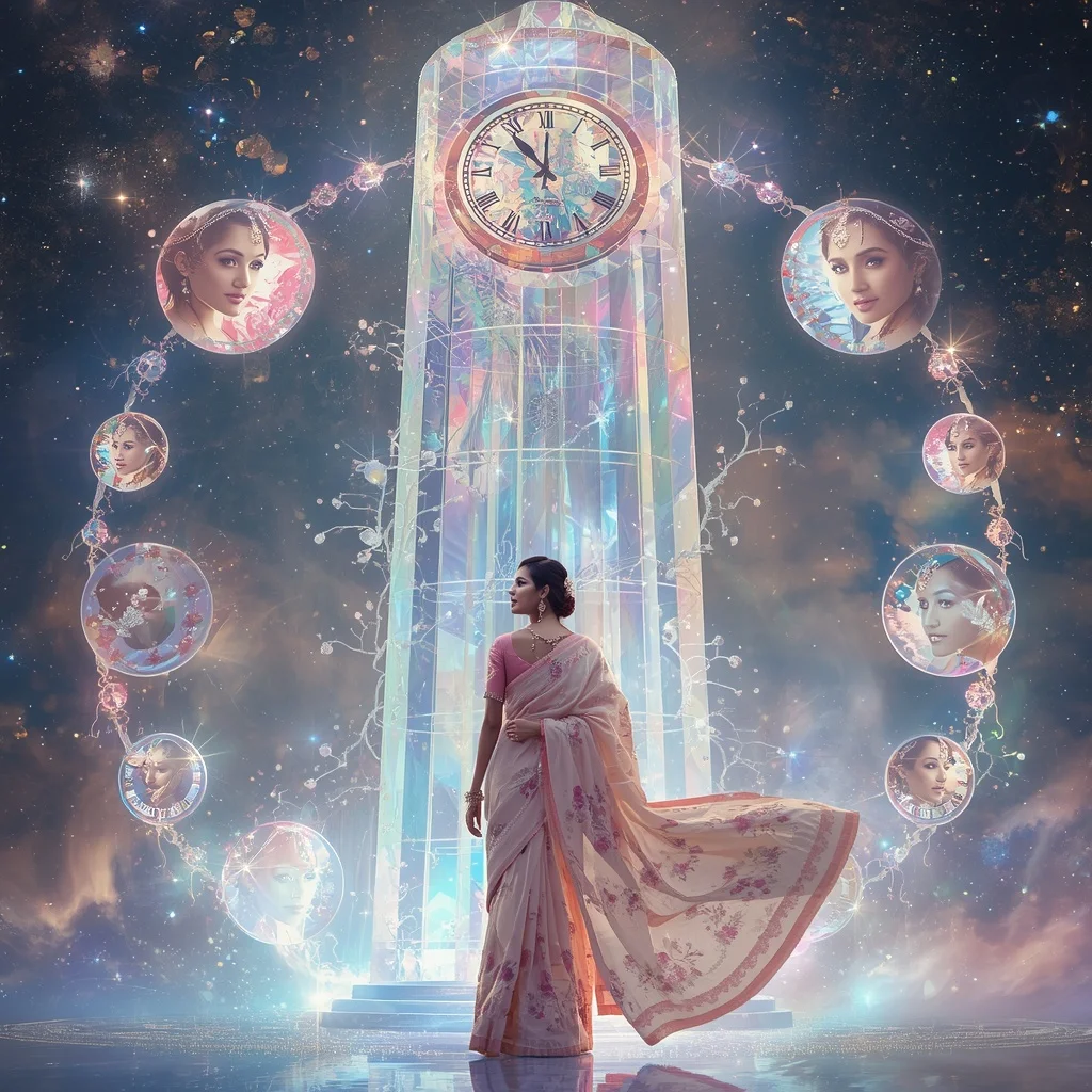 Festive Pastel Saree Aurora Crystal Celestial Clocktower Collage Luxury | Instagram Prompt For Traditional Look For Girl