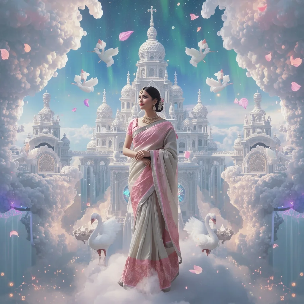 Festive Pastel Saree Aurora Crystal Celestial Cloud Pearl Citadel Collage Luxury | Prompt For Traditional Look For Girl Chatgpt Instagram