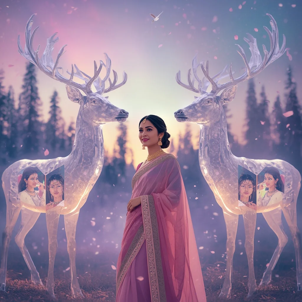 Festive Pastel Saree Aurora Crystal Deer Kingdom Collage Luxury Cinematic | Creative Ai Prompt