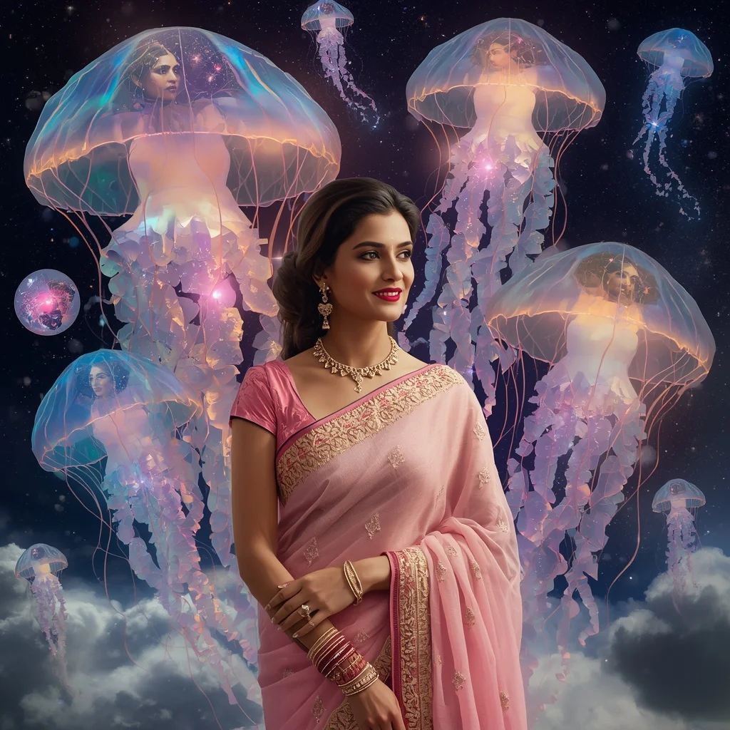 Festive Pastel Saree Aurora Crystal Jellyfish Galaxy Collage Luxury | Woman Pose Ai Prompt